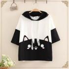 Cat Print Color-block Short-sleeve Hoodie As Shown In Figure - One Size