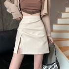 Faux Leather High-waist Asymmetrical Slit Mini Skirt