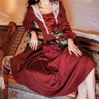 Square Neck Lace Trim A-line Midi Dress