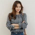 Frill-trim Plaid Blouse Gray - One Size