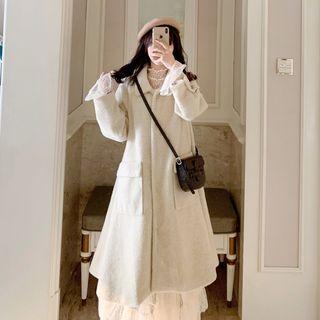 Woolen A-line Button Coat Beige - One Size