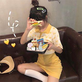 Set:short-sleeve Heart Jacquard Knit Top + Mini A-line Skirt Lemon Yellow - One Size