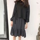 Set: Check Long-sleeve Tie-neck Dress + Side Tie Vest Set - Black - One Size