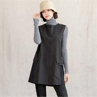 Round-neck Flap-pocket Long Vest Black - One Size