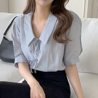 Puff-sleeve Collar Ribbon Blouse