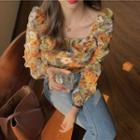 Square-neck Flower Print Long-sleeve Top