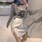 Long-sleeve Heart Embroidered Striped T-shirt / High-waist Split Hem Skirt
