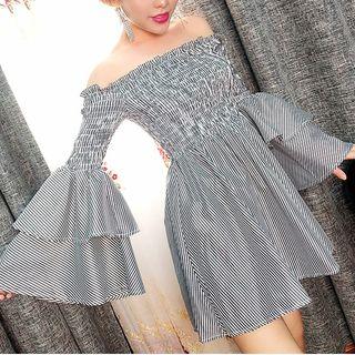 Pinstriped Off-shoulder Bell-sleeve A-line Dress