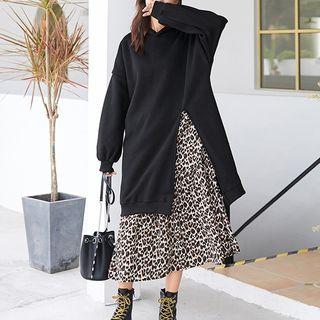 Leopard Print Mock Two-piece Midi Hoodie Dress Gt98997 - Black - One Size