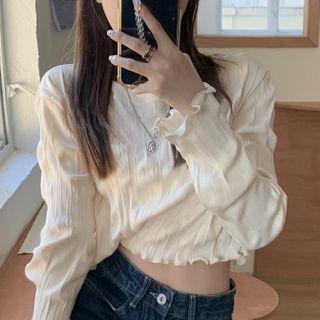 Long-sleeve Lettuce Edge Crop Top Almond - One Size