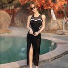 Sleeveless Contrast Trim Swimsuit / Shawl / Set