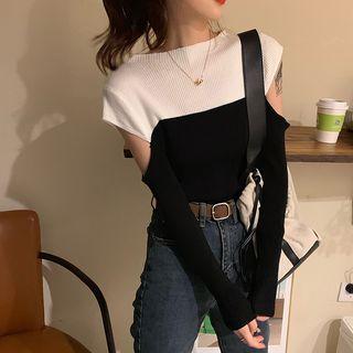 Cutout Sleeve Panel Knit Top As Shown In Figure - One Size