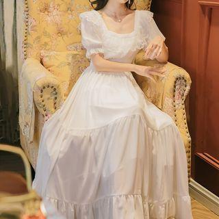 Short-sleeve Lace Trim Tiered Midi A-line Dress