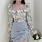 Long-sleeve Floral Chiffon Top / Drawstring A-line Skirt