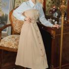 Long-sleeve Mock Two-piece Belted Midi A-line Dress
