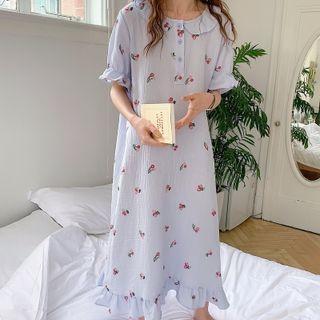 Bell-sleeve Cherry Print Sleep Dress