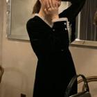 Long-sleeve Frill-trim A-line Velvet Dress