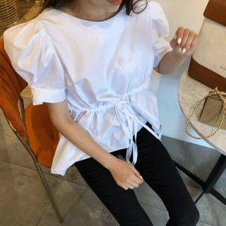 Puff-sleeve Asymmetric-hem Top White - One Size