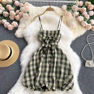 Lace-up Strap Plaid Spaghetti-strap Dress