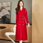 Collared Long-sleeve Buttoned Midi A-line Dress