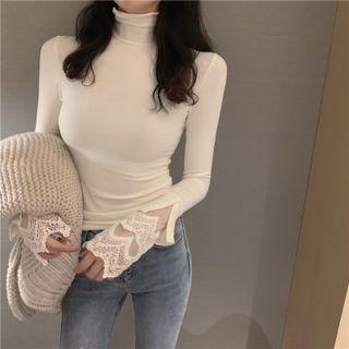 Long-sleeve High-neck Panel Lace Top