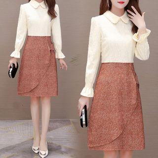 Flared-cuff Lace Panel Collared Midi A-line Dress