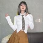 Set: Long-sleeve Collared Shirred T-shirt + Striped Neck Tie