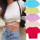 Short Sleeve Cross-strap Plain Crop Top