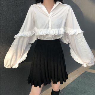 Frill Trim Balloon-sleeve Shirt / A-line Knit Skirt