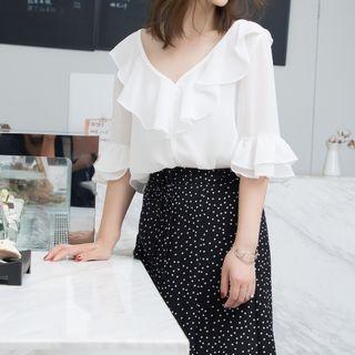 Ruffle Trim Elbow-sleeve Top White - One Size