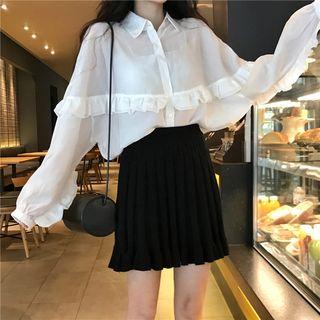 Ruffle Trim Shirt / A-line Pleated Skirt