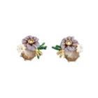 Fashion Exquisite Plated Gold Enamel Purple Flowers Cubic Zirconia Stud Earrings Golden - One Size