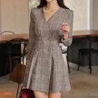 Long-sleeve V-neck Plaid A-line Dress