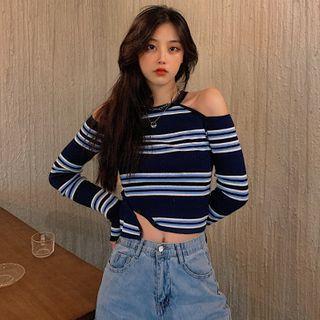 Cold Shoulder Long-sleeve T-shirt Blue - One Size