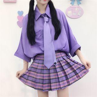 Tie Neck Elbow-sleeve Shirt Purple - One Size