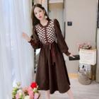 Long-sleeve Checkered Knit Panel A-line Dress