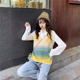 Tie-neck Blouse / Printed Knit Vest