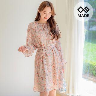 Plus Size Tie-waist Floral Chiffon Dress