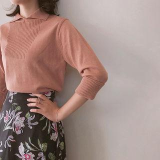 3/4-sleeve Collar-detail Knit Top