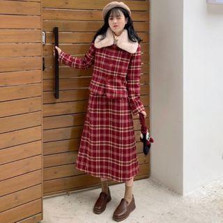 Furry Collar / Plaid Jacket / Midi A-line Skirt