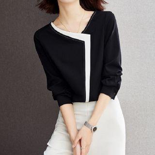 Two-tone Asymmetrical Chiffon Blouse