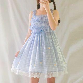 Set: Short-sleeve Gingham Mini A-line Lolita Dress + Straw Hat