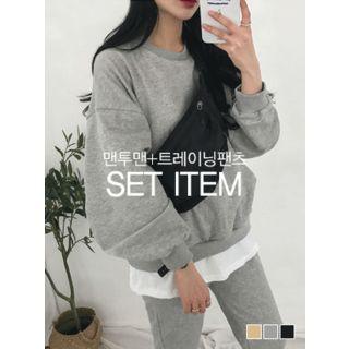 Set: Layered-hem Sweatshirt + Slim-fit Sweatpants