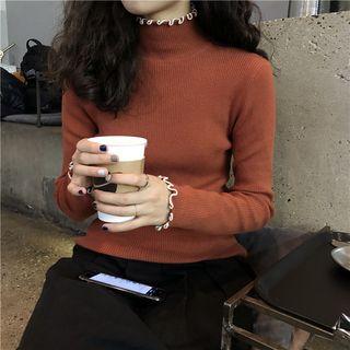 Long-sleeve Turtleneck Frill-trim Knit Top