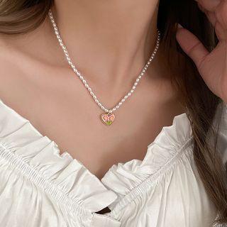 Heart Flower Pendant Alloy Necklace / Faux Pearl Necklace