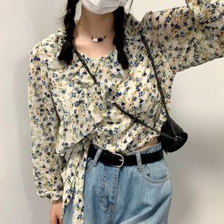 Floral Blouse Blue Floral - Beige - One Size