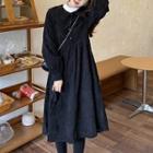 Mock-neck Top / Long-sleeve Corduroy Button-up Midi Dress / Set