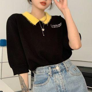 Short-sleeve Lettering Embroidered Knit Top Lettering Embroidery - Black - One Size