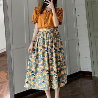 Short-sleeve Peter Pan Collar Shirt / High-waist Floral Midi Skirt