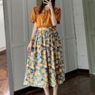 Short-sleeve Peter Pan Collar Shirt / High-waist Floral Midi Skirt